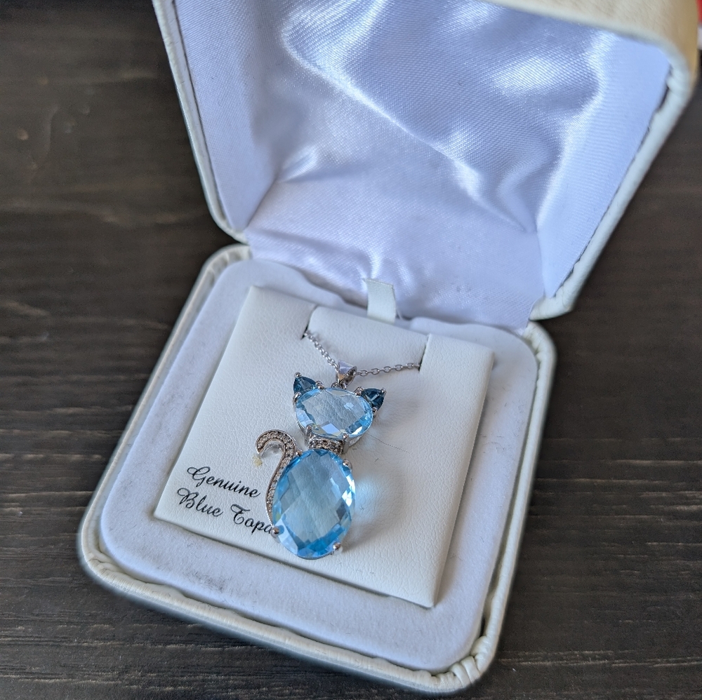 GENUINE Blue Topaz cat necklace